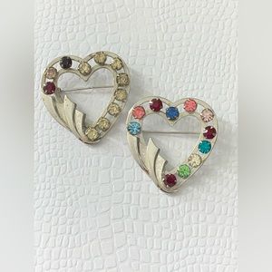 Vintage 1/20 12K White Gold Filled Two Hearts Multi Color Rhinestone pin Brooch